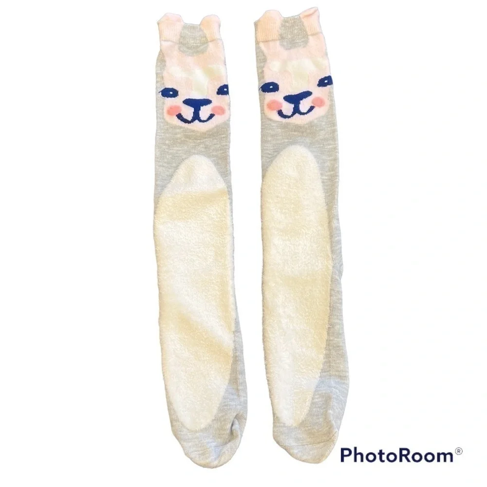 GRAY pink and white bunny knee socks, medium thickness
